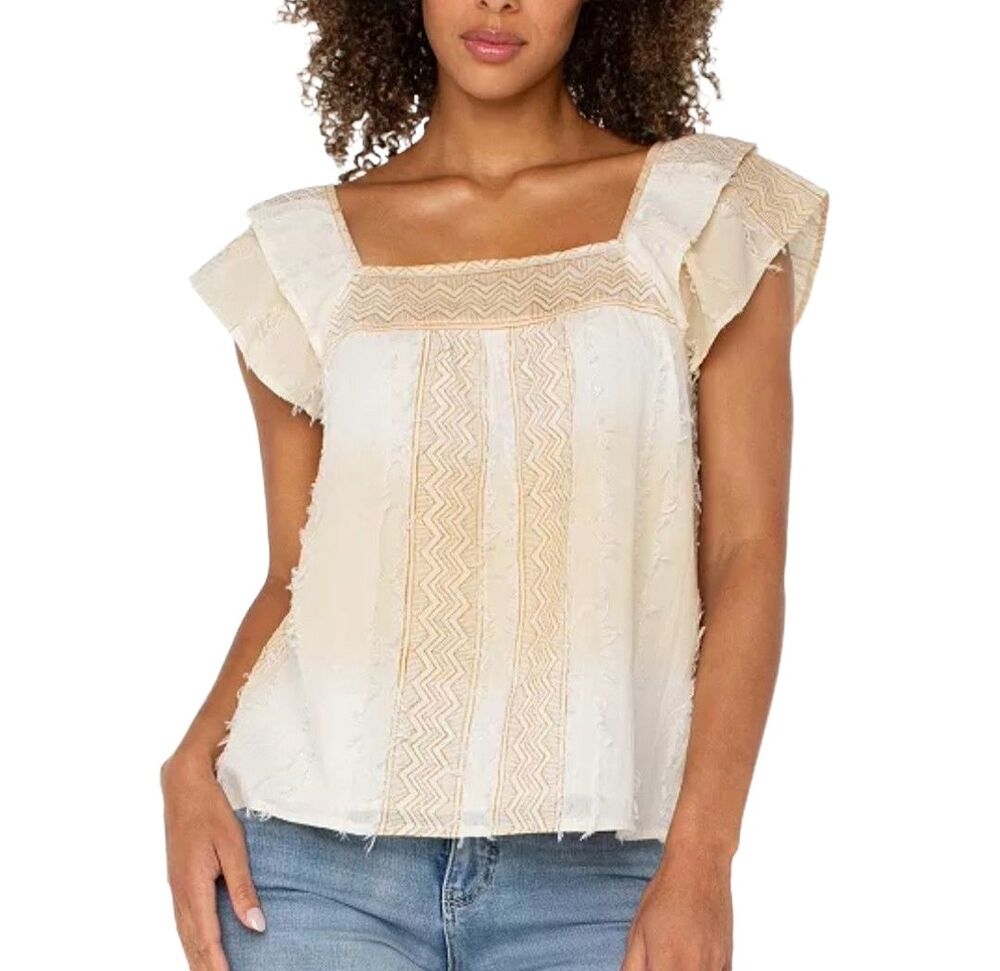 Liverpool Los Angeles Frayed Square-Neck Top Cream Cotton Blouse NWT Womens PM